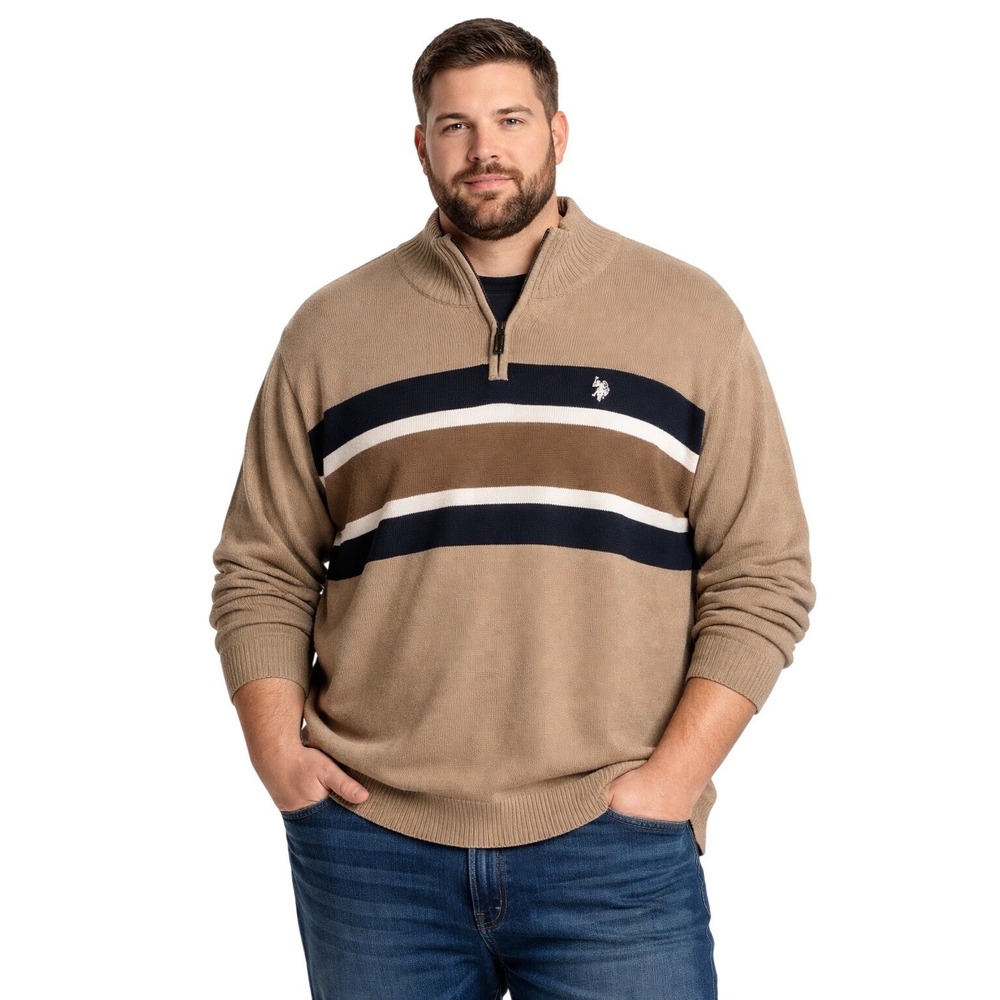 US Polo Assn Mens Camel Heather Striped Quarter Zip Sweater XXL BRUF5S5507 NEW - Picture 1 of 12